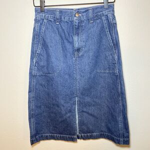 Madewell Size 25 Denim Mid Rise Midi Skirt Black Dark Wash Jean Front Slit NB887